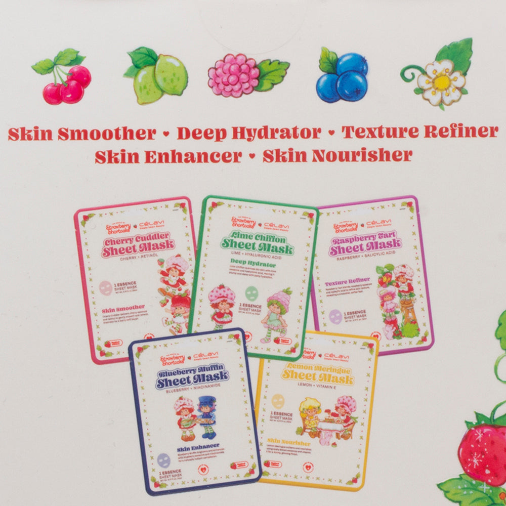 Celavi X Strawberry Shortcake Strawberryland 5 Character Sheet Mask Pack Set | Mascarillas para rostro Rosita Fresita