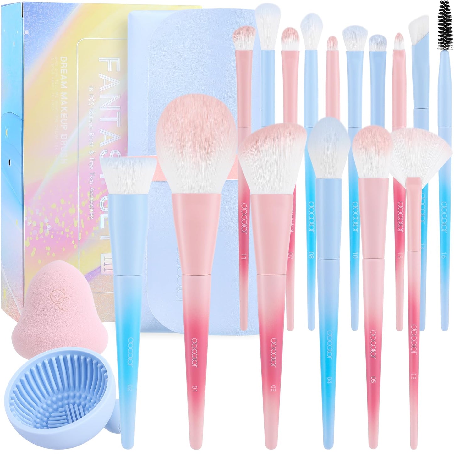 Blue & Pink 16PC Brush Set | Set de brochas + estuche y esponja